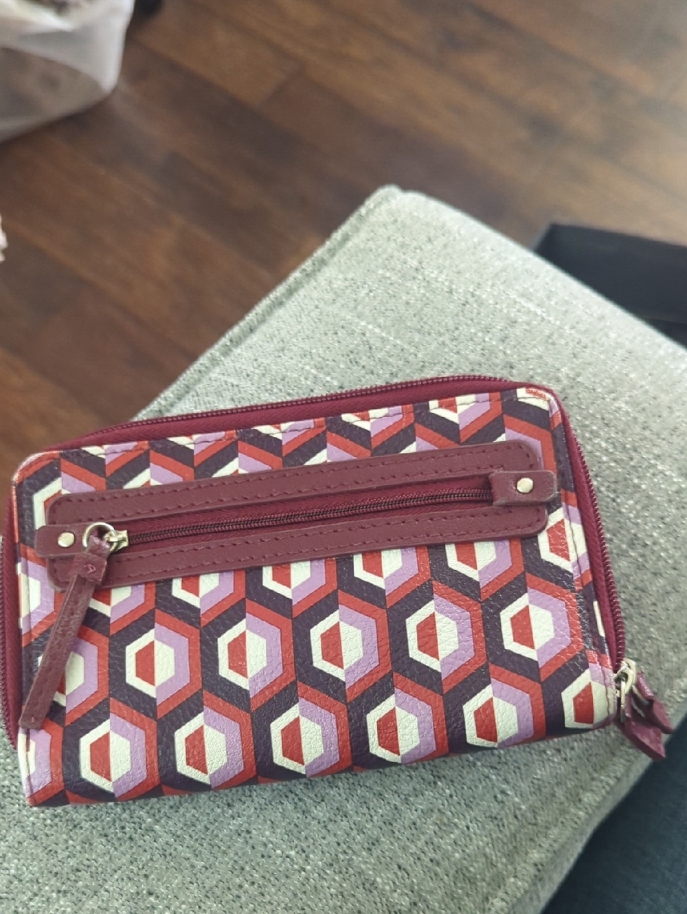 Geometric Print Zip-Around Wallet - Burgundy Multi